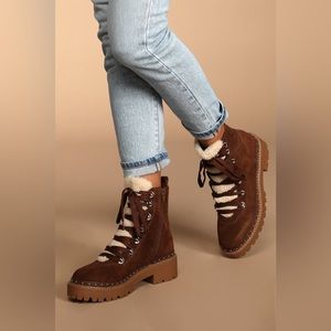 NIB Steve Madden Rainier Cognac Suede Leather Lace-Up Platform Ankle Boots